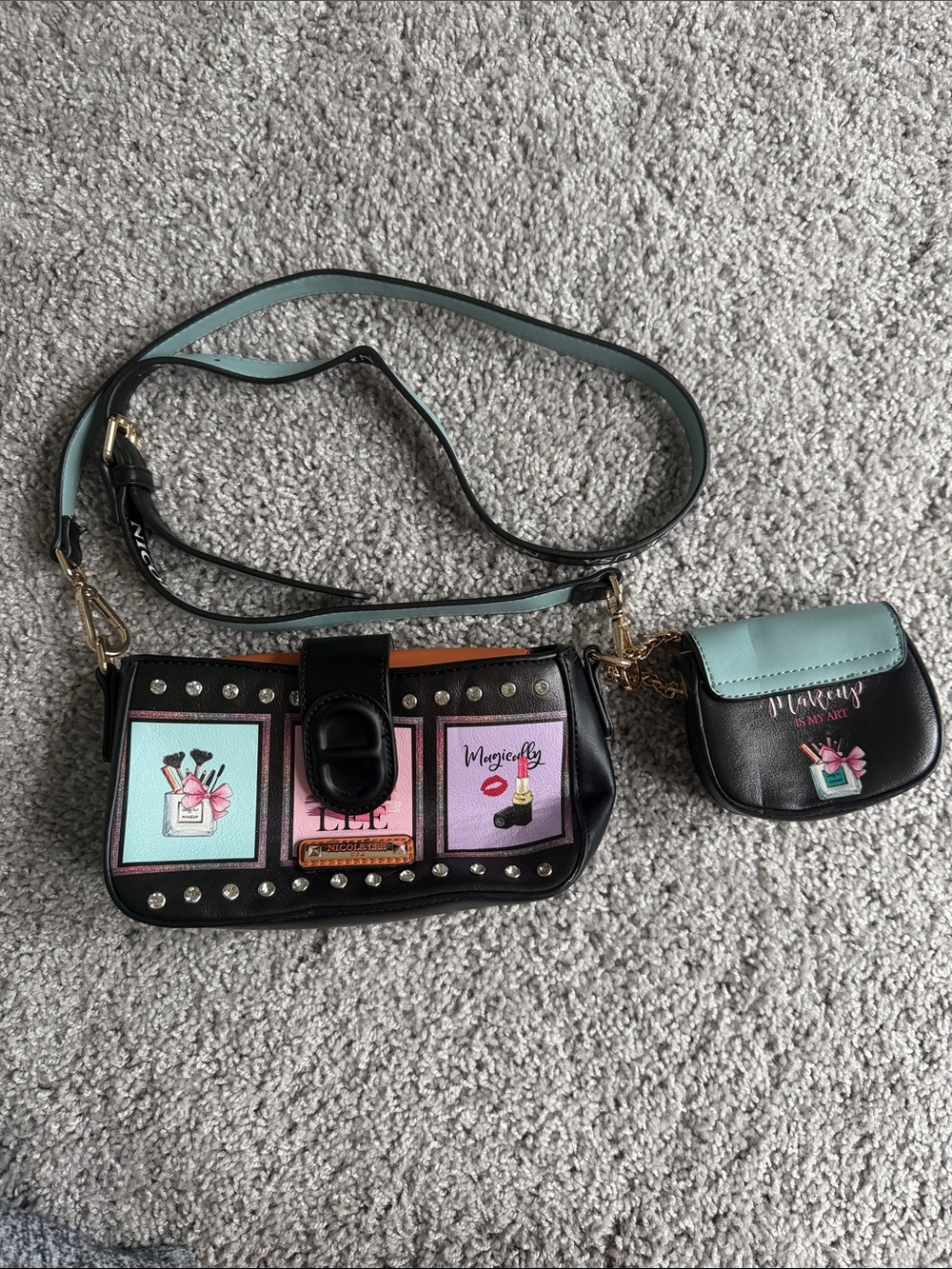 Black and Mint Crossbody Bag Set with Decorative Panels